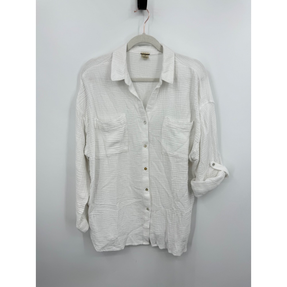 Magaschoni Organic Cotton Gauze Button Down Shirt Womens L White Roll Tab Sleeve
